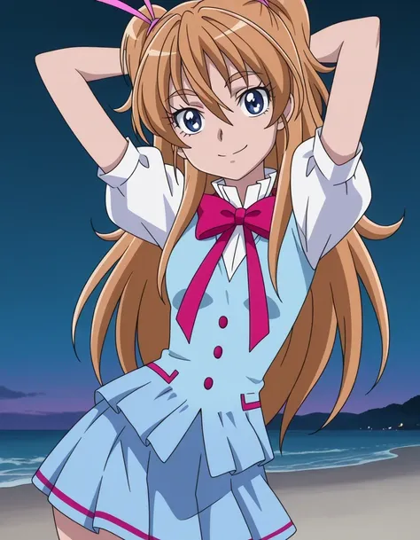houjou hibiki, aria gakuen school uniform, two side up, half updo, brown hair, orange hair, blonde hair, hair between eyes, long hair, eyelashes, eyebrows visible through hair, blue eyes, hair ribbon, pink ribbon, blue vest, white shirt, puffy short sleeve...