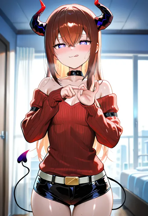 1girl, makise kurisu, 
violet eyes, heart-shaped pupils, brown hair, long hair with hair between eyes, 
demon horns, demon tail, 
red sweater, cleavage, flat breasts, black microshorts, exposed, 
naughty face, blush, seductive smile, come hither, 
penetrat...