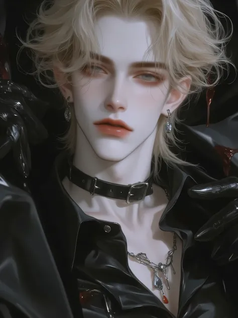 oung man, blond hair, medium hair, olhos azuis, wavy hair, Suit, small hoop earrings , capuz, boca rosada, shady background, choker, small earrings, sangue.