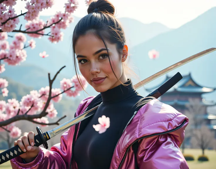 8k hyper-realistic full-body portrait, head-to-toe view: a slim female ninja, 'Freezing the Moment of Your Cherry Blossom Dream.' Full-bloom ((cherry blossoms cascade like snow)), stirred by a freshly cut branch at her feet. Sleek ponytail, soft ((freckles...