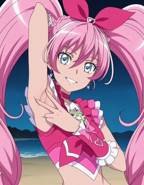 cure melody, pink hair, twintails, very long hair, hair between eyes, braid, eyelashes, eyebrows visible through hair, blue eyes, hair bow, pink bow, hair ornament, hairband, heart earrings, anime screencap, high quality, closed mouth, solo, upper body, n...