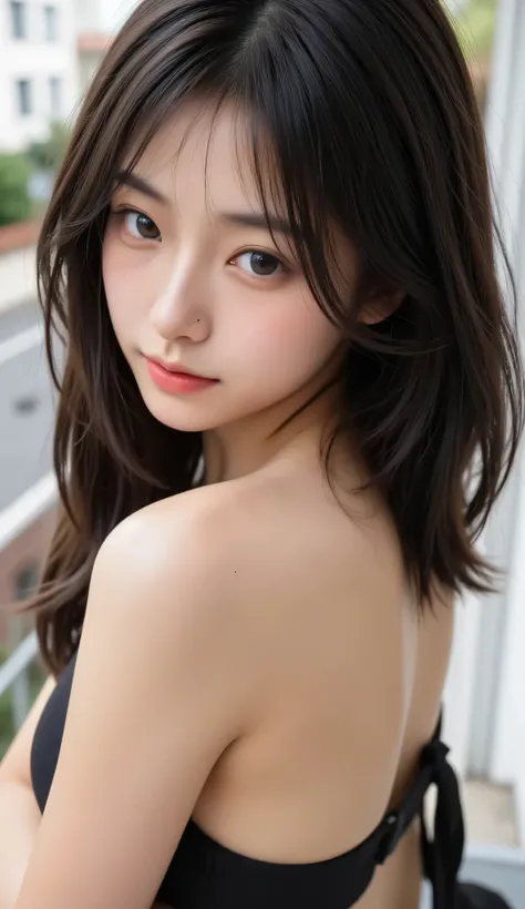 score_9,score_8_up,score_7_up,ultra detailed,absolutely resolution,32k,masterpiece,best quality,ultra HD quality,detailed beautiful face and brown eyes,hyperrealistic,Japanese beautiful,Black hair,long hair,asymmetry bangs,(seductive smile+in heat),curvy b...