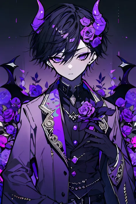 1 Boy, Black Eyes, Seriousness, Black Devil Wings, Devil, Light Purple Skin, Purple suit, Black hoes, Two Horns on Head, Gun in Hand,only one person, Best quality, black gloves, purple flowers in the background,high resolution, masterpiece