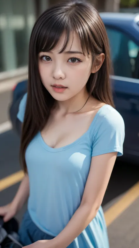  high image quality、 Genuine 、 female middle school student、beautiful small face , cute face 、 beautiful girl、 beautiful woman, Light clothing, うさちゃん的な beautiful girl、very long tongueのオマンコ 、 very long tongue ,up face,cute kinky face,Face Up, On the road