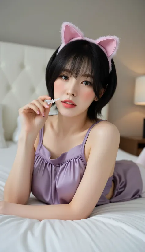 a woman, be in the bedroom, sleeping on your stomach on the mattress, shirt looks full body, body facing front, eyes looking at camera , hand holding condom, wearing purple satin sleeveless sleeping shirt, wearing white leggings trousers, G-cup size brea...