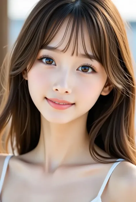 masterpiece , high quality, super detail, super high image quality, 8k，16k，32K, 最high quality , Detailed Faces, Detailed brown eyes， well-groomed eyebrows，18 year old girl，cute face, Bangs，straight hair，bangs ，Half Smile  , Outdoors，Viewer
