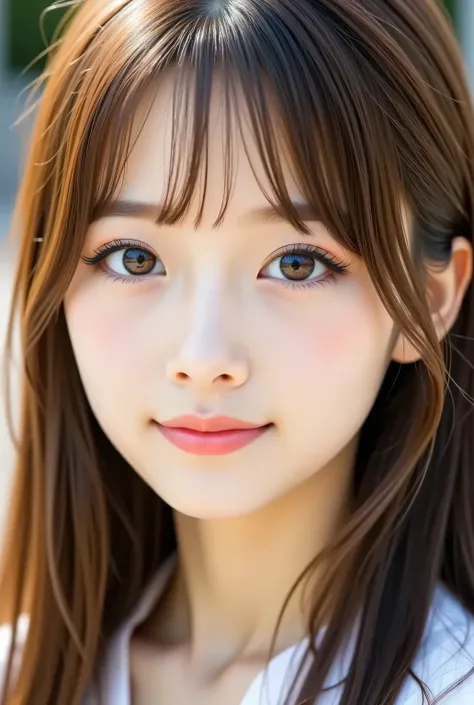 masterpiece , high quality, super detail, super high image quality, 8k，16k，32K, 最high quality , Detailed Faces, Detailed brown eyes， well-groomed eyebrows，18 year old girl，cute face, Bangs，straight hair，bangs ，Half Smile  , Outdoors，Viewer
