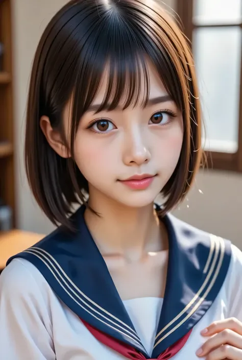 masterpiece , high quality, super detail, super high image quality, 8k，16k，32K, 最high quality , Detailed Faces, Detailed brown eyes， well-groomed eyebrows，18 year old girl，cute face, Bangs，straight hair，bangs ，Half Smile  , Outdoors，Viewer

