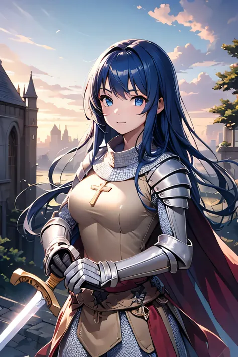 1girl, long hair, blue hair, blue eyes, sword, masterpiece,best quality,amazing quality,(masterpiece),scenery,ragnarokknight, armor, breastplate, cross, pauldrons, cape, gauntlets, chainmail