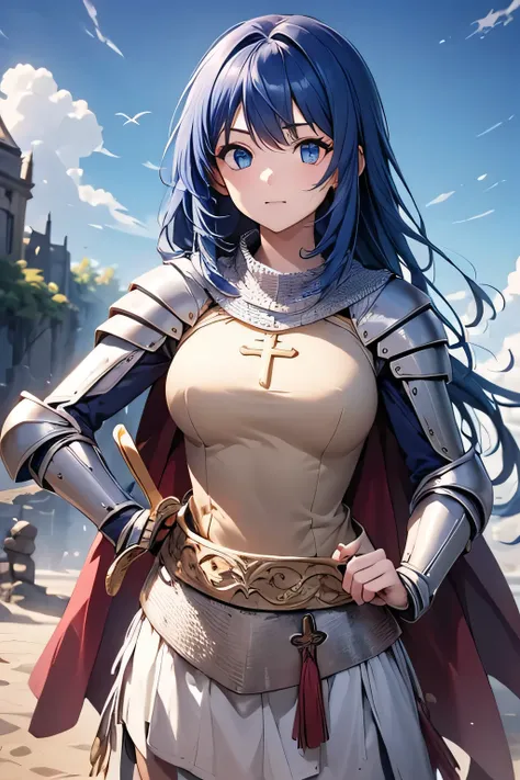 1girl, long hair, blue hair, blue eyes, sword, masterpiece,best quality,amazing quality,(masterpiece),scenery,ragnarokknight, armor, breastplate, cross, pauldrons, cape, gauntlets, chainmail