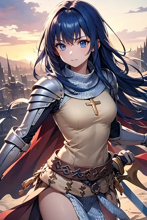 1girl, long hair, blue hair, blue eyes, sword, masterpiece,best quality,amazing quality,(masterpiece),scenery,ragnarokknight, armor, breastplate, cross, pauldrons, cape, gauntlets, chainmail
