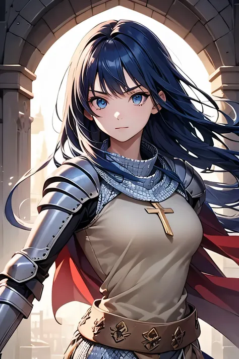1girl, long hair, blue hair, blue eyes, sword, masterpiece,best quality,amazing quality,(masterpiece),scenery,ragnarokknight, armor, breastplate, cross, pauldrons, cape, gauntlets, chainmail