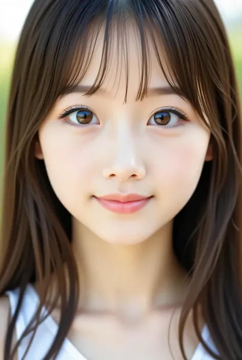 masterpiece , high quality, super detail, super high image quality, 8k，16k，32K, 最high quality , Detailed Faces, Detailed brown eyes， well-groomed eyebrows，18 year old girl，cute face, Bangs，straight hair，bangs ，Half Smile  , Outdoors，Viewer
