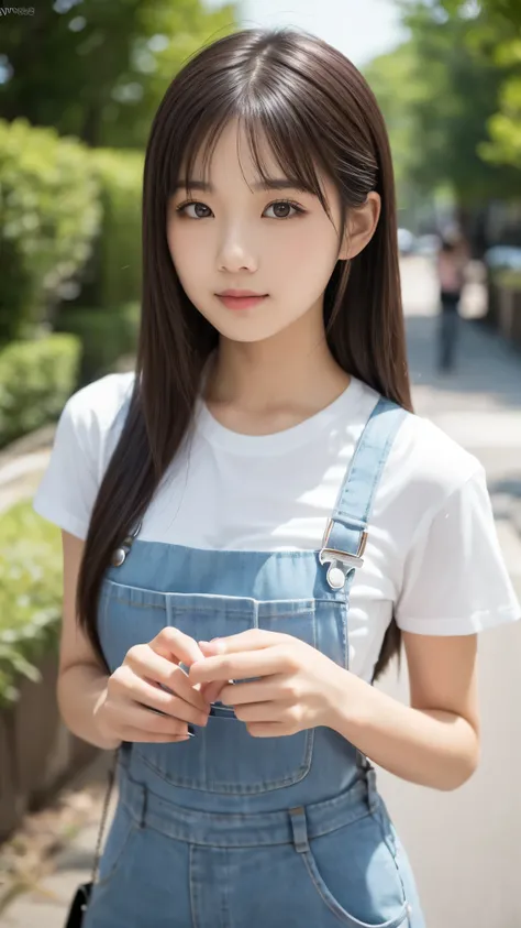 Close up of a woman in overalls, korean girl, beautiful asian girl, young cute asian face,  young and cute Korean face , Small beautiful breasts. beautiful Japanese girl face,   adorable Korean face  , young cute girls, girl cute pretty face, a gorgeous yo...