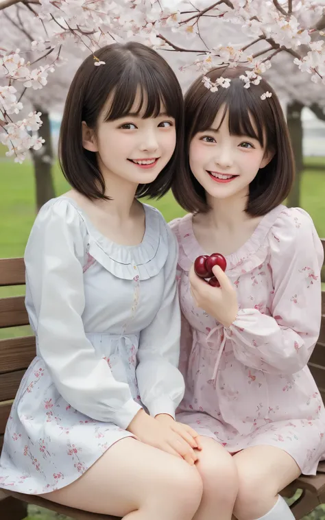 ((Best Quality)), ((masterpiece)), realistic images 、Realistic image page of 、Very bright expression、big smiles、 Japanese girl、 eye area kneeling apart from the front 、small、 Looks like 、two girls、、medium bob hair、 black hair with a young pattern、 slim、...