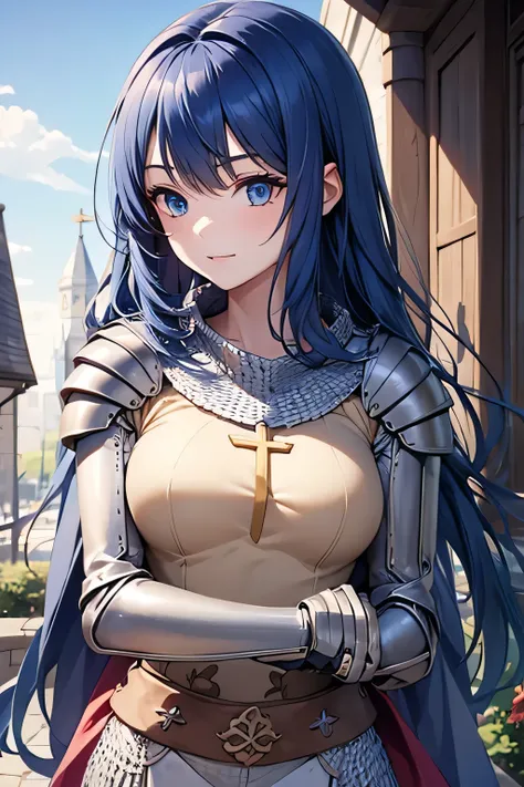 1girl, long hair, blue hair, blue eyes, masterpiece,best quality,amazing quality,(masterpiece),scenery,ragnarokknight, armor, breastplate, cross, pauldrons, cape, gauntlets, chainmail