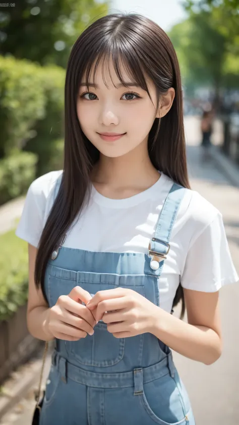 Close up of a woman in overalls, korean girl, beautiful asian girl, young cute asian face,  young and cute Korean face , Small beautiful breasts. beautiful Japanese girl face,   adorable Korean face  , young cute girls, girl cute pretty face, a gorgeous yo...