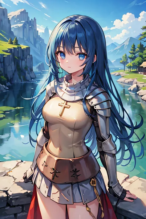 1girl, long hair, blue hair, blue eyes, masterpiece,best quality,amazing quality,(masterpiece),scenery,ragnarokknight, armor, breastplate, cross, pauldrons