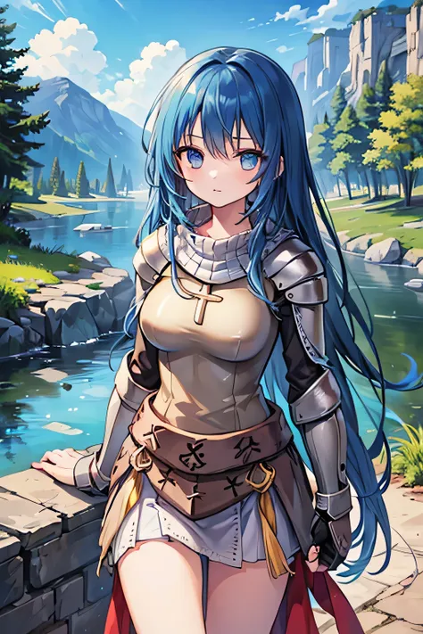 1girl, long hair, blue hair, blue eyes, masterpiece,best quality,amazing quality,(masterpiece),scenery,ragnarokknight, armor, breastplate, cross, pauldrons