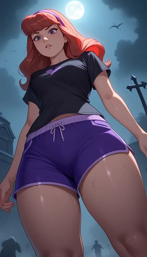 score_9, score_8_below,1 (Daphne Blake), long red hair (black top + blue dolphin shorts ), exposed legs , thick thighs , wet,focus only, low and front view,retrato de ângulo below, with cannabis theme ,in the cemetery, fog, nightlife ,colorful,2D