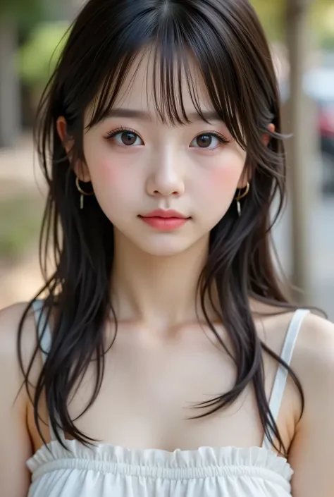 masterpiece , high quality, super detail, super high image quality, 8k，16k，32K, 最high quality , Detailed Faces, Detailed brown eyes， well-groomed eyebrows，18 year old girl，cute face, Bangs，straight hair，bangs ，Half Smile  , Outdoors，Viewer
