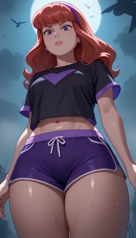 score_9, score_8_below,1 (Daphne Blake), long red hair (black top + blue dolphin shorts ), exposed legs , thick thighs , wet,focus only, low and front view,retrato de ângulo below, with cannabis theme ,in the cemetery, fog, nightlife ,colorful,2D