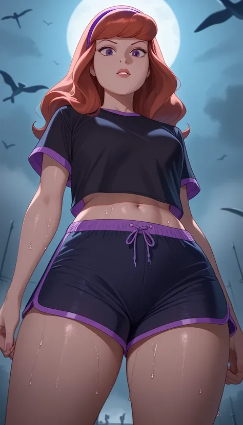 score_9, score_8_below,1 (Daphne Blake), long red hair (black top + blue dolphin shorts ), exposed legs , thick thighs , wet,focus only, low and front view,retrato de ângulo below, with cannabis theme ,in the cemetery, fog, nightlife ,colorful,2D