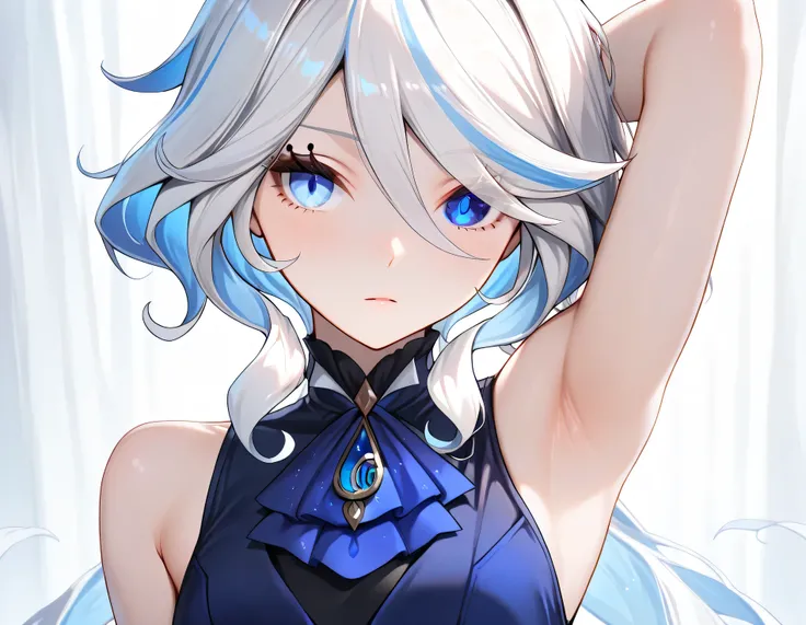 Furina,1girl,solo,long hair,blue eyes,white hair, heterochromia,detailed eyes,(sleeveless:1.2),, 1girl, , (masterpiece,best quality:1.2),absurdres, Armpit