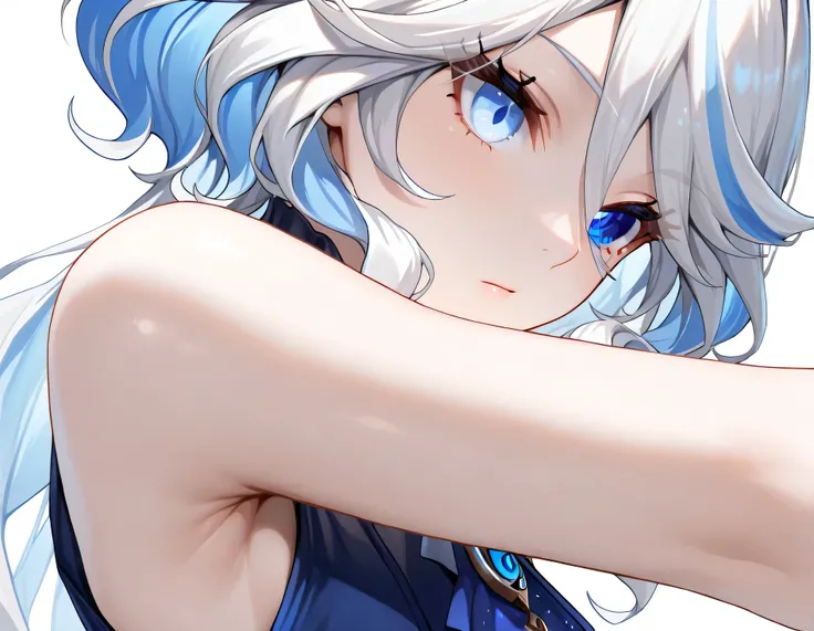 Furina,1girl,solo,long hair,blue eyes,white hair, heterochromia,detailed eyes,(sleeveless:1.2),, 1girl, , (masterpiece,best quality:1.2),absurdres, Armpit