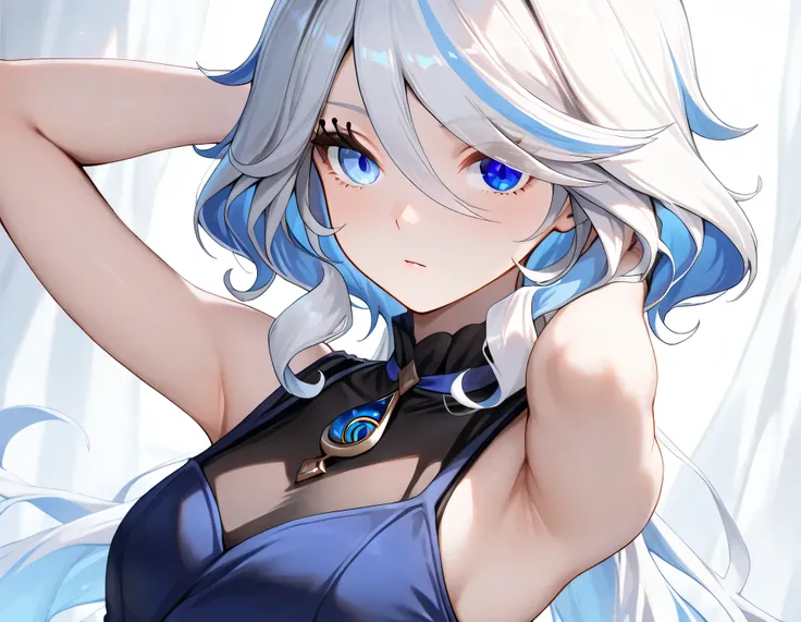 Furina,1girl,solo,long hair,blue eyes,white hair, heterochromia,detailed eyes,(sleeveless:1.2),, 1girl, , (masterpiece,best quality:1.2),absurdres, Armpit