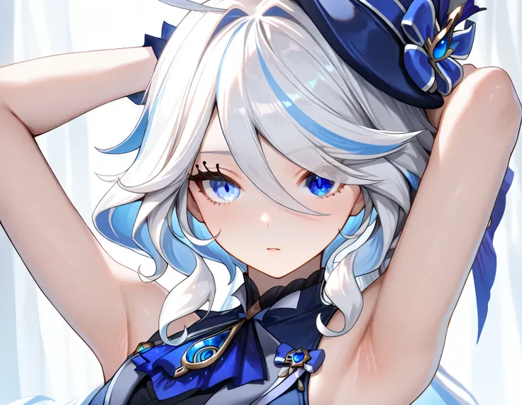 Furina,1girl,solo,long hair,blue eyes,white hair, heterochromia,detailed eyes,(sleeveless:1.2),, 1girl, , (masterpiece,best quality:1.2),absurdres, Armpit