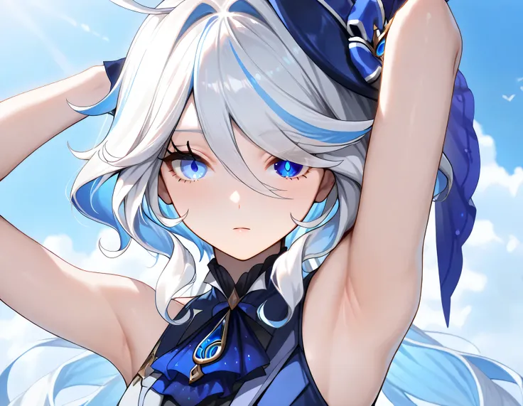 Furina,1girl,solo,long hair,blue eyes,white hair, heterochromia,detailed eyes,(sleeveless:1.2),, 1girl, , (masterpiece,best quality:1.2),absurdres, Armpit