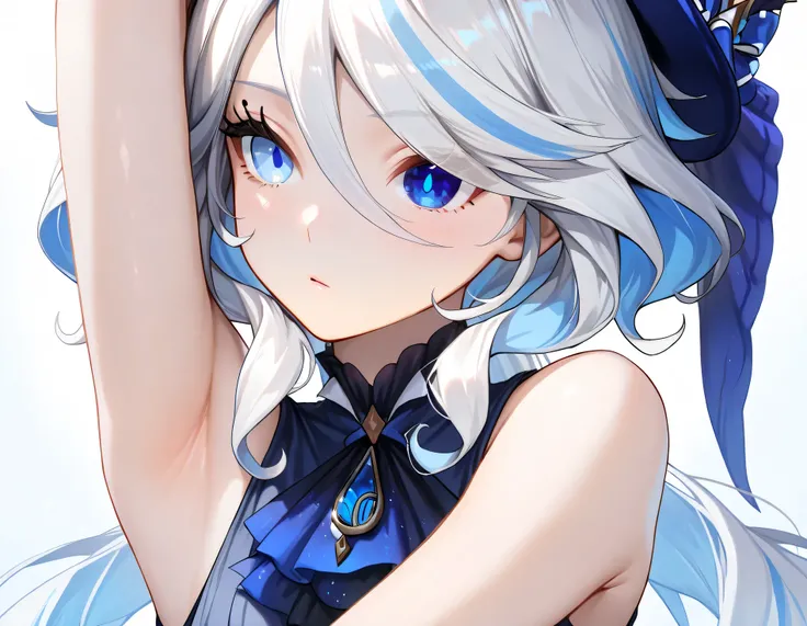 Furina,1girl,solo,long hair,blue eyes,white hair, heterochromia,detailed eyes,(sleeveless:1.2),, 1girl, , (masterpiece,best quality:1.2),absurdres, Armpit