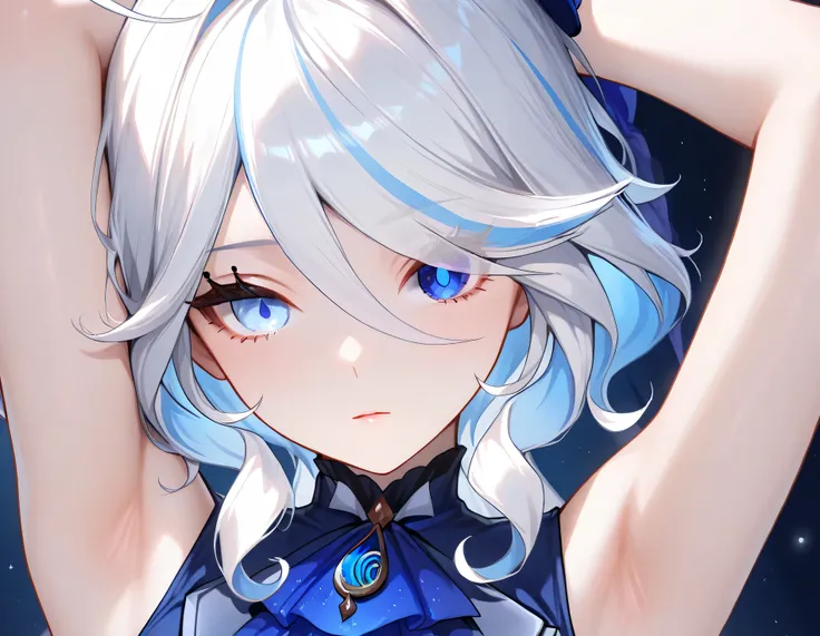 Furina,1girl,solo,long hair,blue eyes,white hair, heterochromia,detailed eyes,(sleeveless:1.2),Blue shirt, 1girl, , (masterpiece,best quality:1.2),absurdres, Armpit