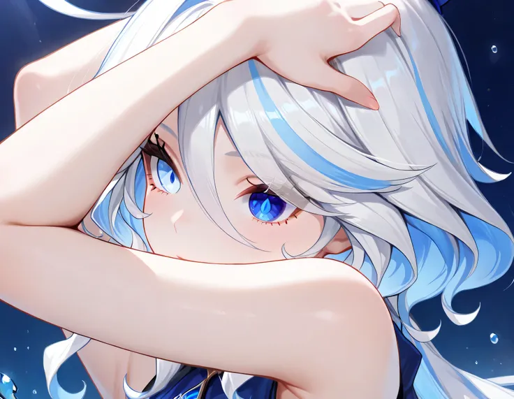 Furina,1girl,solo,long hair,blue eyes,white hair, heterochromia,detailed eyes,(sleeveless:1.2),Blue shirt, 1girl, , (masterpiece,best quality:1.2),absurdres, Armpit