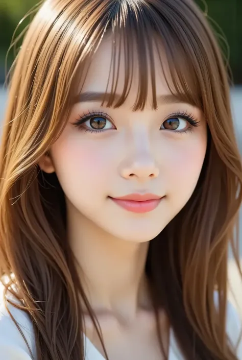 masterpiece , high quality, super detail, super high image quality, 8k，16k，32K, 最high quality , Detailed Faces, Detailed brown eyes， well-groomed eyebrows，18 year old girl，cute face, Bangs，straight hair，bangs ，Half Smile  , Outdoors，Viewer

