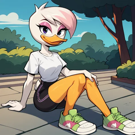 source cartoon, 1girl, female, solo, duck, beak,  lena sabrewing, ducktales, duck, beak, wanting a hug towards viewer, medium chest, white shirt tucked out, white skin, black tight shorts,white hair, pink highlights, short hair, eyeliner, purple eyeshadow,...