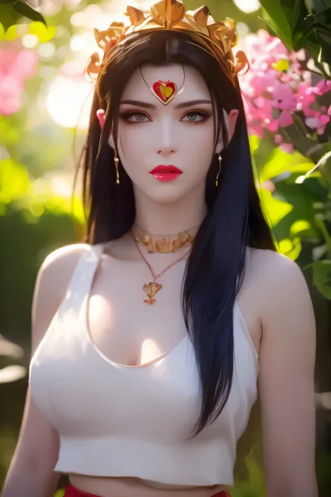 One 20 year old girl, (breast :1.1), navel,upper body,bare shoulders,wears red tube top,red skirt, blue gems,shiny skin,hand in own hair,(mature female),milf, beautiful cai lin, deep blue eyes, jet black long hair, face symmetry 8k resolution high quality....