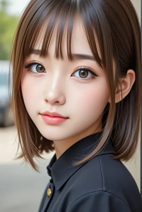 masterpiece , high quality, super detail, super high image quality, 8k，16k，32K, 最high quality , Detailed Faces, Detailed brown eyes， well-groomed eyebrows，18 year old girl，cute face, Bangs，straight hair，bangs ，Half Smile  , Outdoors，Viewer
