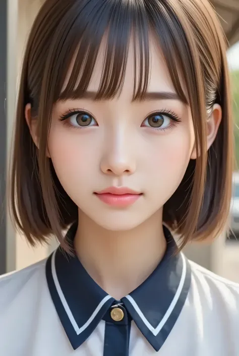 masterpiece , high quality, super detail, super high image quality, 8k，16k，32K, 最high quality , Detailed Faces, Detailed brown eyes， well-groomed eyebrows，18 year old girl，cute face, Bangs，straight hair，bangs ，Half Smile  , Outdoors，Viewer
