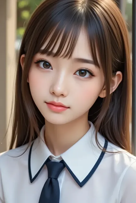 masterpiece , high quality, super detail, super high image quality, 8k，16k，32K, 最high quality , Detailed Faces, Detailed brown eyes， well-groomed eyebrows，18 year old girl，cute face, Bangs，straight hair，bangs ，Half Smile  , Outdoors，Viewer
