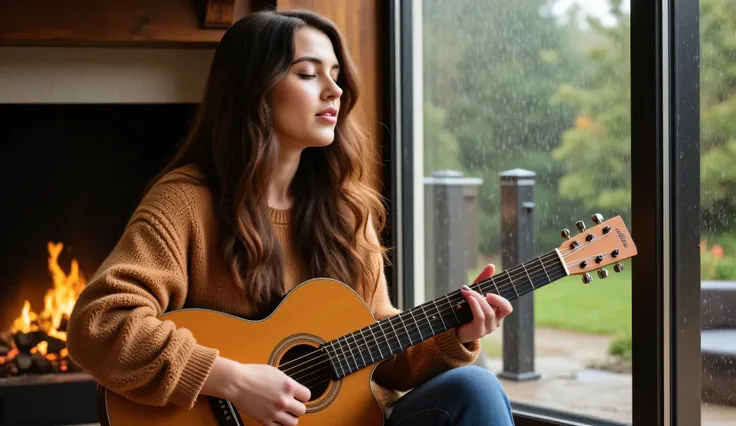 A young woman with long, wavy brown hair sits comfortably in a warm, inviting room, playing an acoustic guitar while singing with deep emotion. She wears a cozy, oversized knit sweater in an earthy tone, embodying a relaxed yet artistic style. Her eyes are...