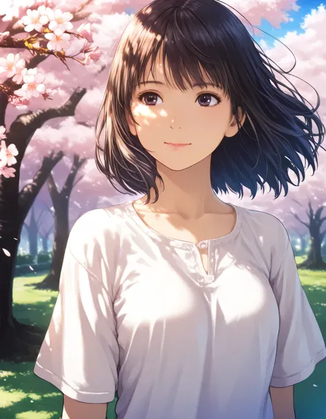 1girl, year 2016, studio ghibli, upper body, green park, cherry blossom tree, casual clothes, masterpiece, high score, great score, absurdres, 16k, super detail