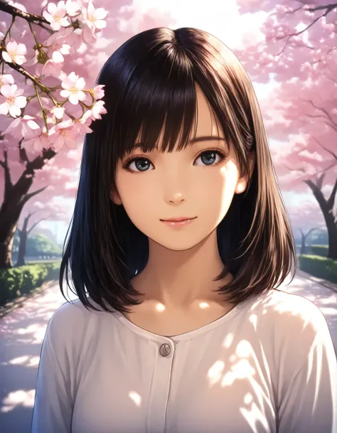 1girl, year 2016, studio ghibli, upper body, green park, cherry blossom tree, casual clothes, masterpiece, high score, great score, absurdres, 16k, super detail