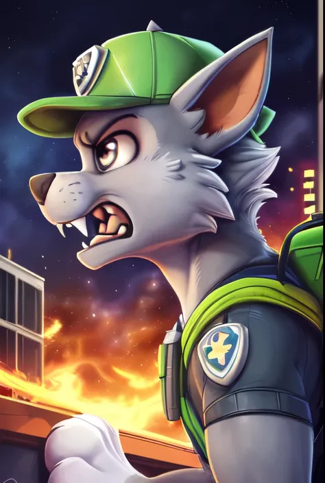Rocky ((Paw Patrol)), ((male solo)), (male:1.95)domestic dog, male, adult male, brown eyes, (((gray fur)), ((gray body)), (wearing Paw Patrol gear:1.25), (wearing a green cap:1.25), (wearing Paw Patrol bagpack:1.45), (feral:2.25), (quadruped:2.25), ((sharp...