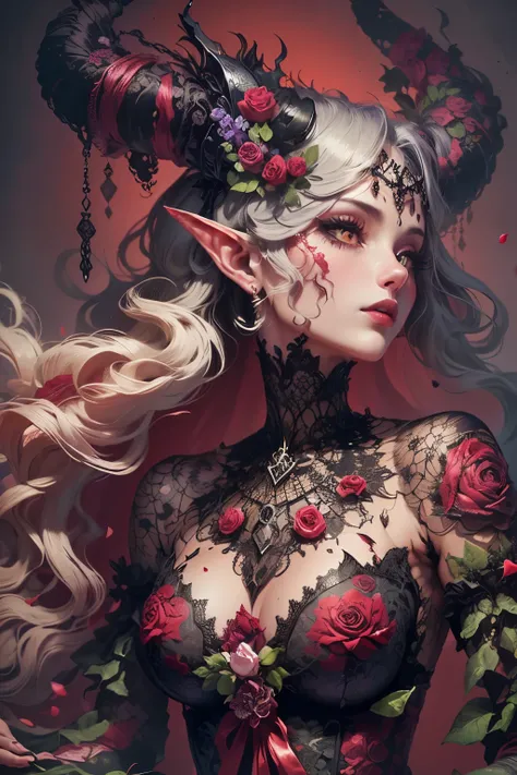 (Ultra-detailed face, Looking Away, Gothic Illustration, Dark Tone Colors.) , BREAK
(The reddish moon makes the roses glow with a deep crimson color. The park is modeled after an old-fashioned garden in the Romanesque architectural style of medieval Europ...