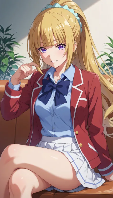 score_9, score_8_up, score_7_up, solo, 1girl, source_anime, keikaruizawa, kei karuizawa, long hair, bangs, blunt bangs, blonde hair, hair ornament, violet eyes, ponytail, scrunchie, parted lips, wallpaper, erotic pose, sitting, sitting crossed legs, sofa, ...