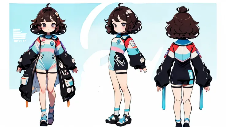 ((front, side, back, full body)), all white background, girl, Japanese, around 20 years old, (((purple-based racing suit, legs hidden by suit, light blue accent color)), calm brown hair, short bob, straight hair, black eyes, round face, bob hair, proper dr...