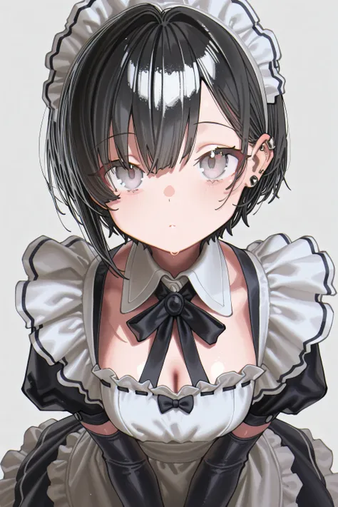 kmj-anonstyle, [artist:yoneyama mai], [artist:kanzarin], [artist: ekrea_jan], masterpiece,best quality,amazing quality, 748cmstyle, solo, eye focus, black hair, grey eyes, piercings, maid outfit, short hair, beautiful face, looking at viewer, elegant, deta...