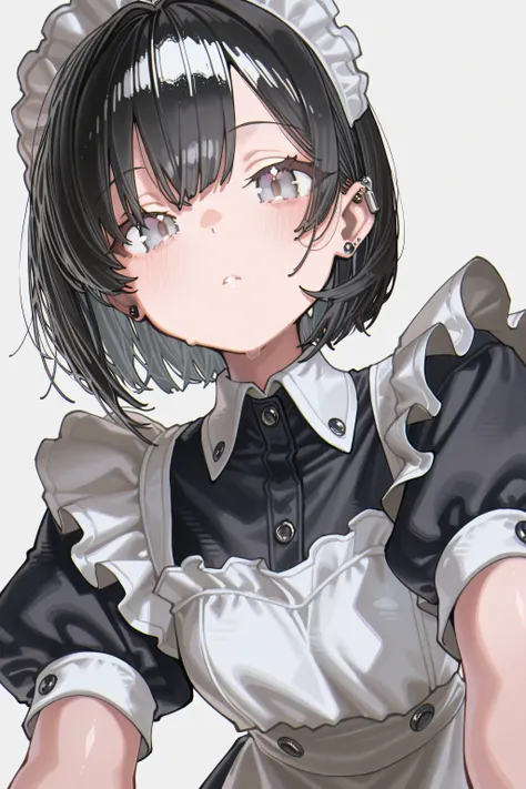 kmj-anonstyle, [artist:yoneyama mai], [artist:kanzarin], [artist: ekrea_jan], masterpiece,best quality,amazing quality, 748cmstyle, solo, eye focus, black hair, grey eyes, piercings, maid outfit, short hair, beautiful face, looking at viewer, elegant, deta...